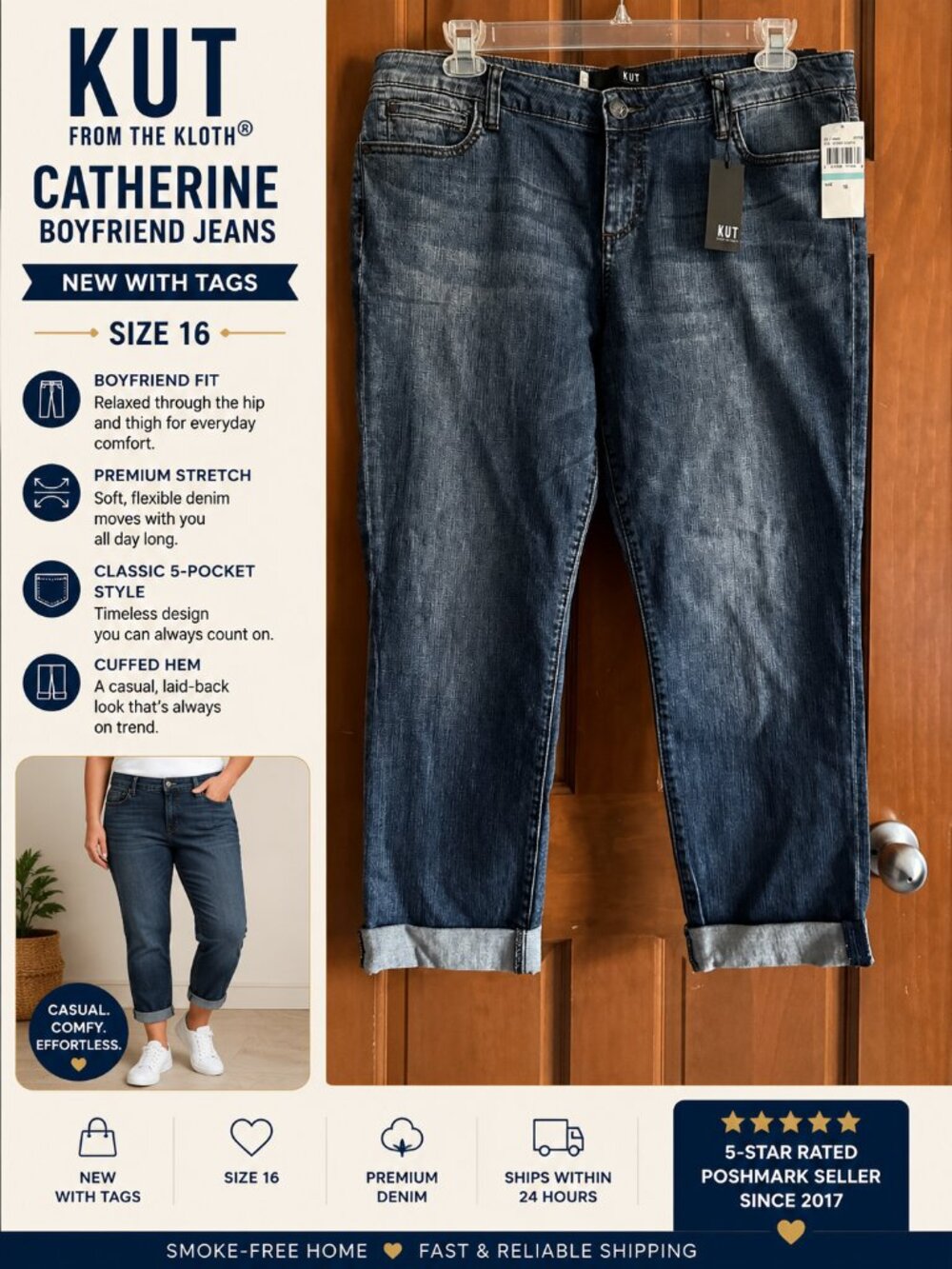 NWT KUT From The Kloth Catherine Boyfriend Jeans Size 16 Cuffed Denim Dark Wash